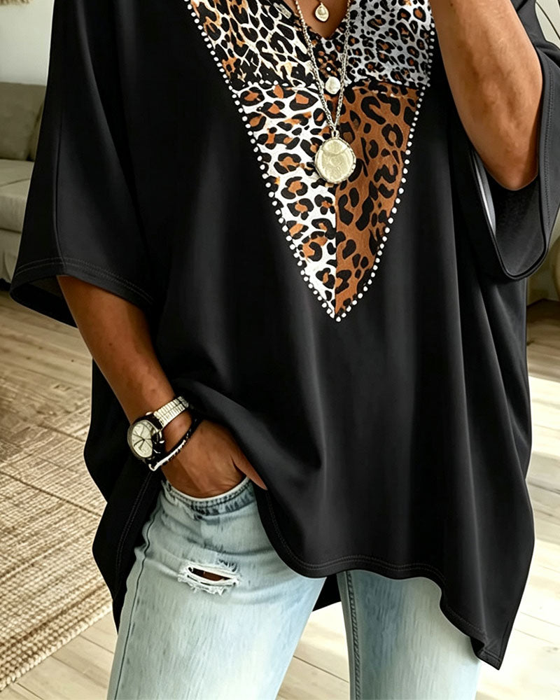 T-Shirt Ample Manche Chauve-Souris Col en V Léopard Imprimé