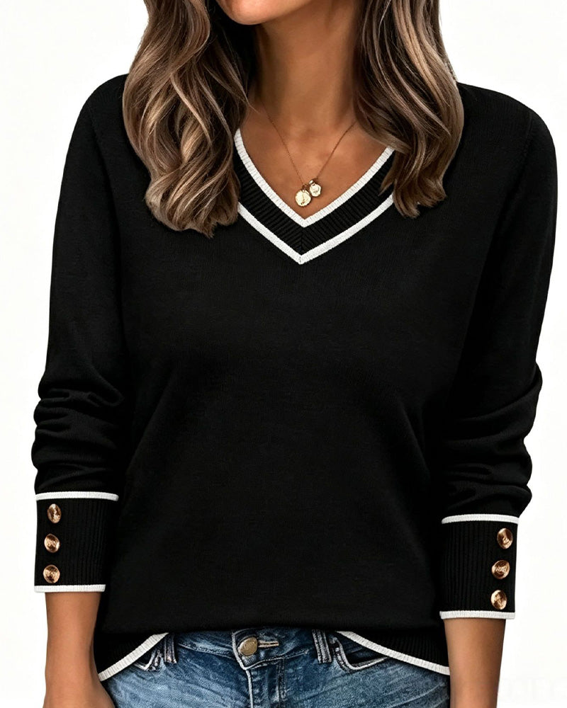 Pullover À Col En V Et Boutons De Contraste