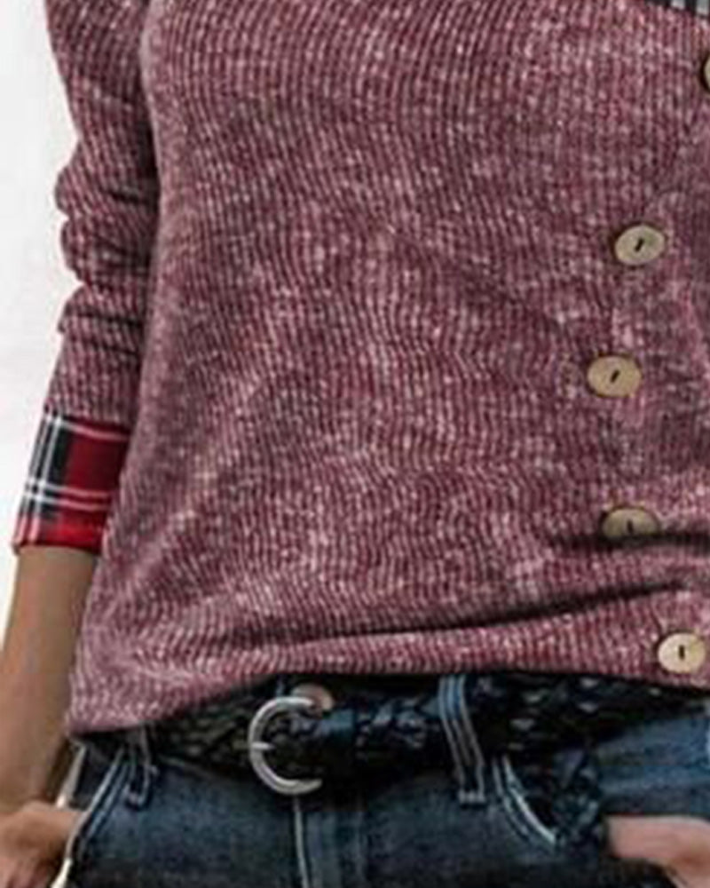 Haut Épaules Dénudées Col Drapé Manche Longue Plaid Contraste