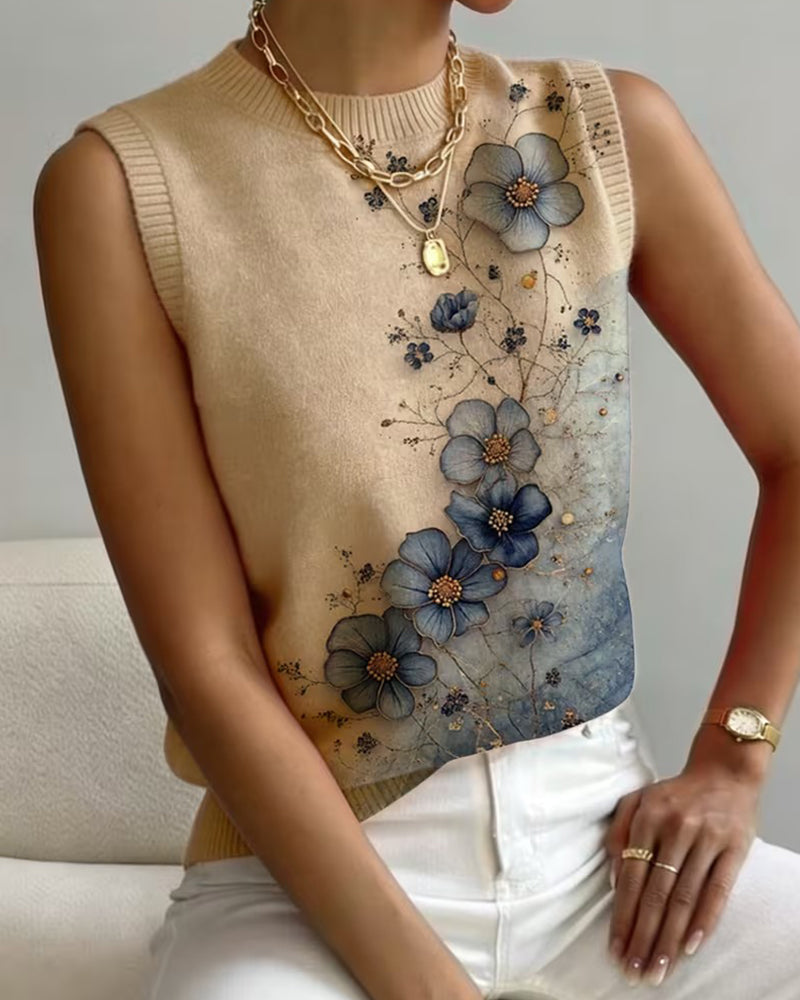 Pull-Over Motif Fleur Aquarelle Sans Manches