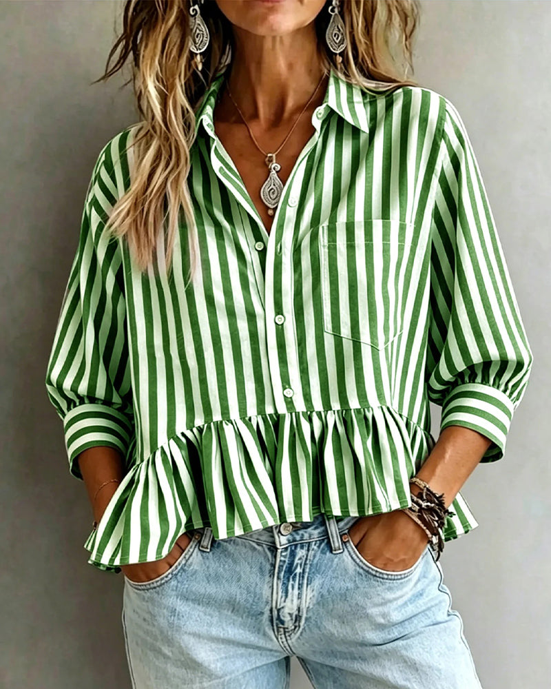 Blouse Décontractée Rayée À Volants