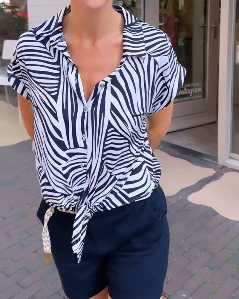 Blouse Zèbre Imprimé Revers Manches Courtes