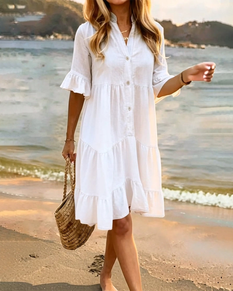 Robe Col Montant Bouton Volant