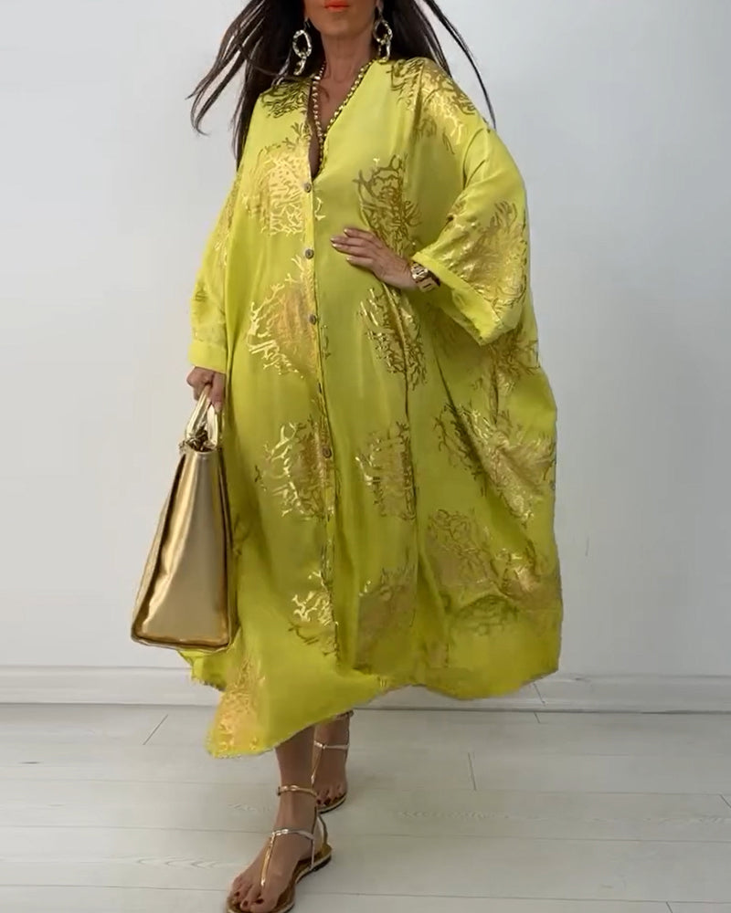 Robe ample boutonnée imprimée à manches longues