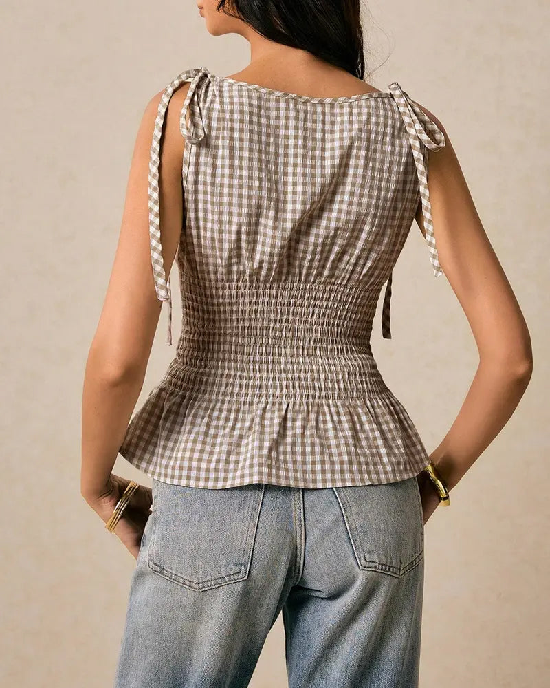 Blouse Sans Manches Écossais Attacher Taille