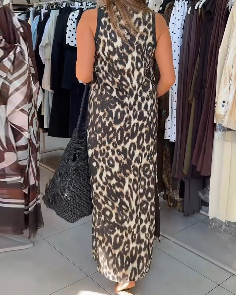 Robe Col Rond Léopard Sans Manches Maxi