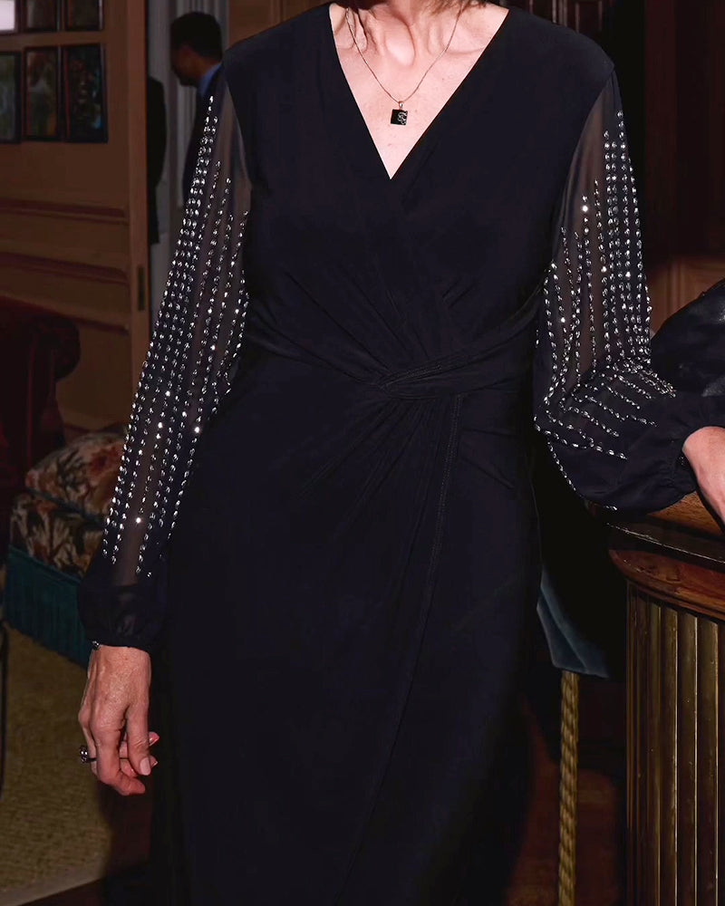 Robe Col En V Manches Longues Taille Cintrée Midi