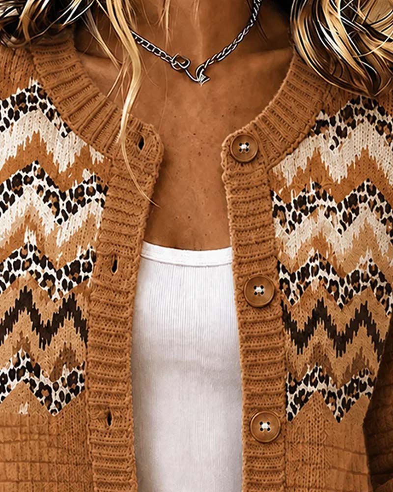 Cardigan Boutonné Léopard Rayures Ondulées
