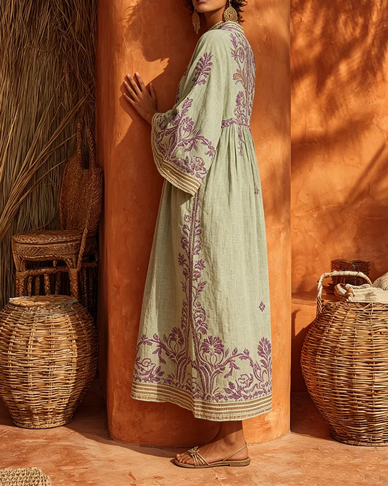 Robe Col En V Imprimé Ethnique Coupe Loose