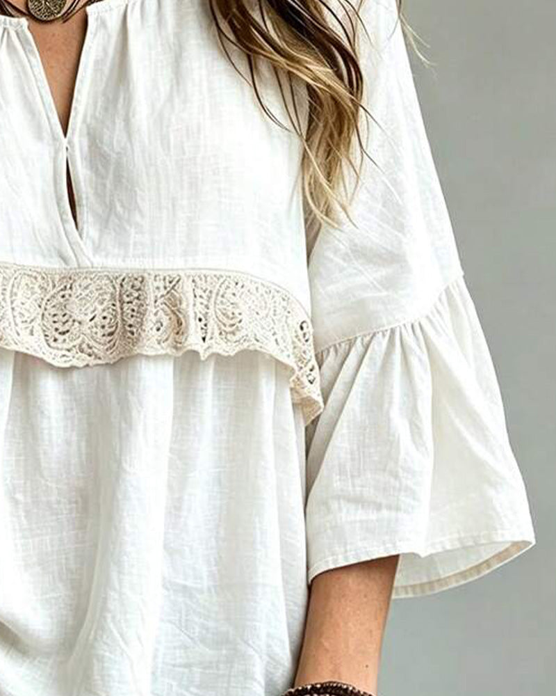 Blouse Décontractée Col-V Dentelle