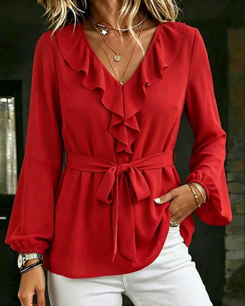 Blouse Col V Volant Décontractée