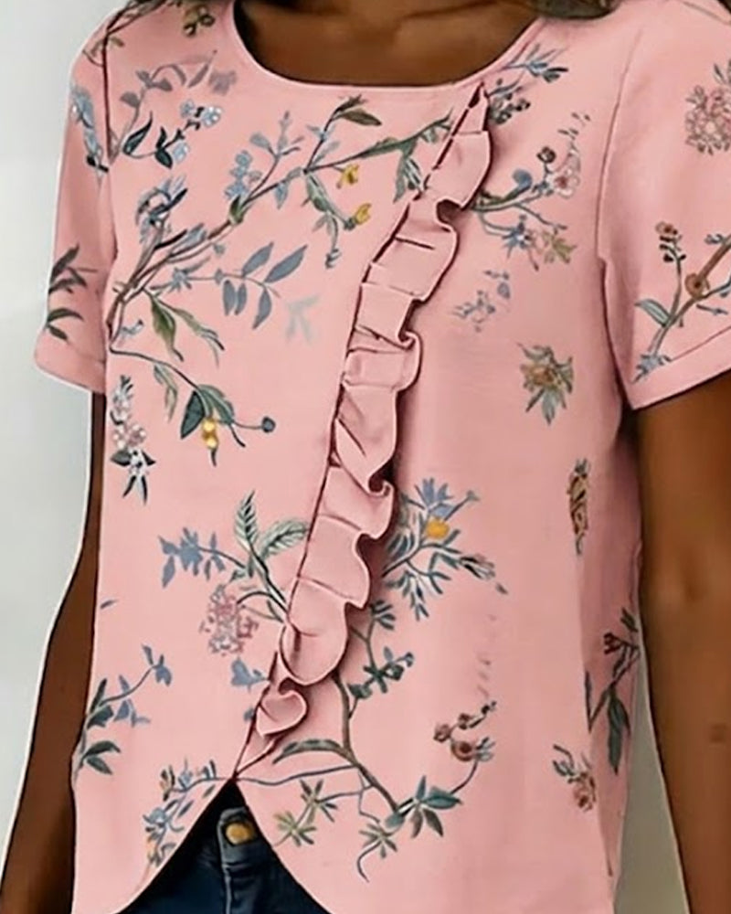 Blouse Col Rond Manches Courtes Volantée Florale