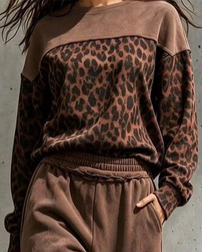 Ensemble Imprimé Léopard Patchwork Sweat-Shirt