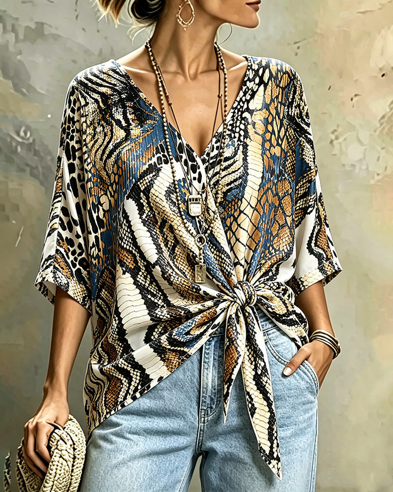 Haut Imprimé Animal Patchwork Col V Bandage