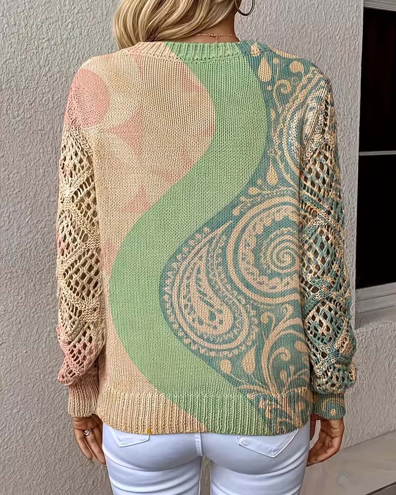 Pullover Bloc De Couleur Évidé Col En V Tricoté