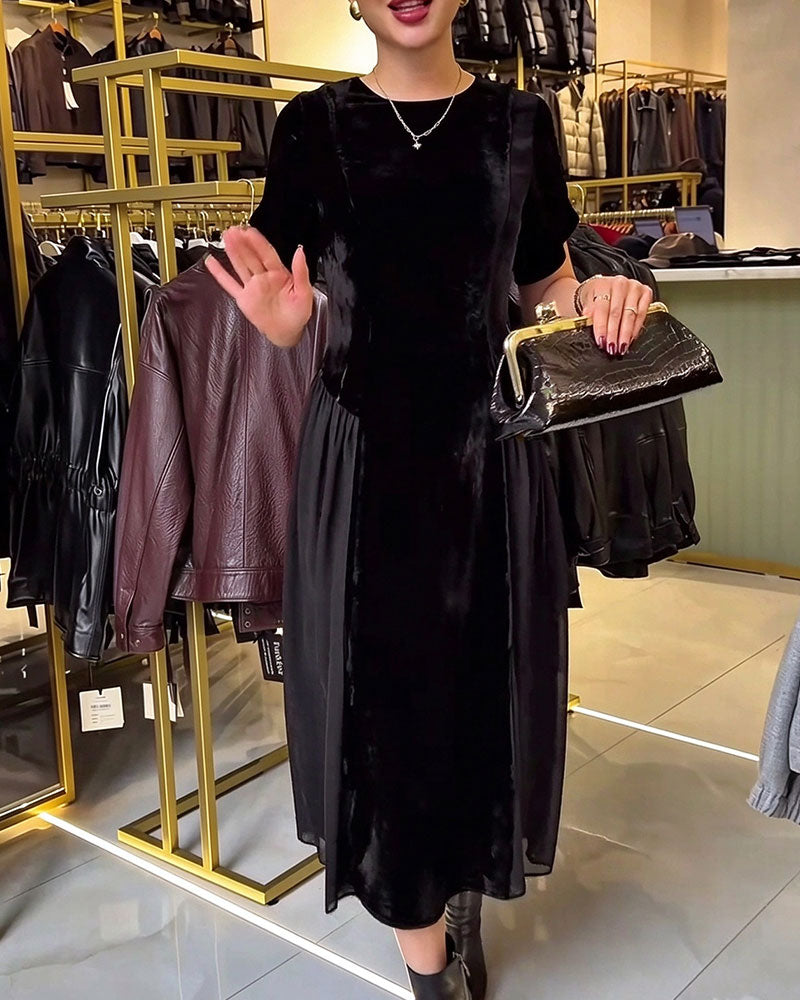 Robe Col Rond Plissé Slim Fit Grande Jupe