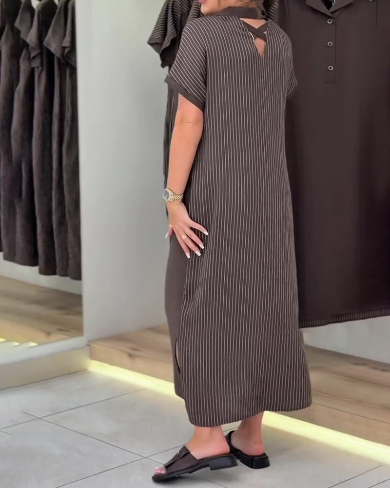 Robe Col V Revers Rayure Découpée