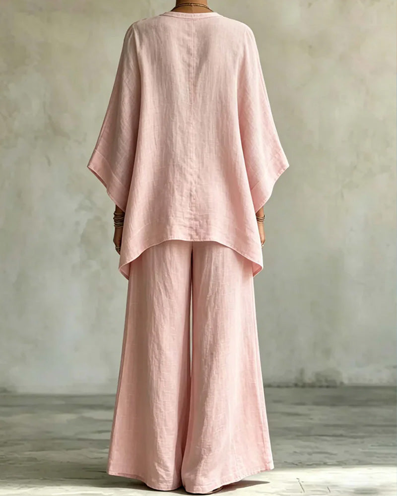 Ensemble Col V Brodé Jambe Large Pantalon
