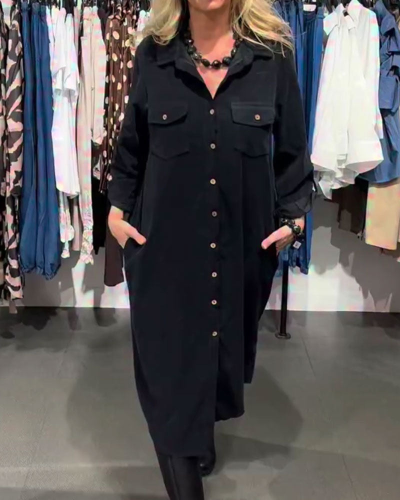 Robe Revers Poche Boutonné Longue Chemise