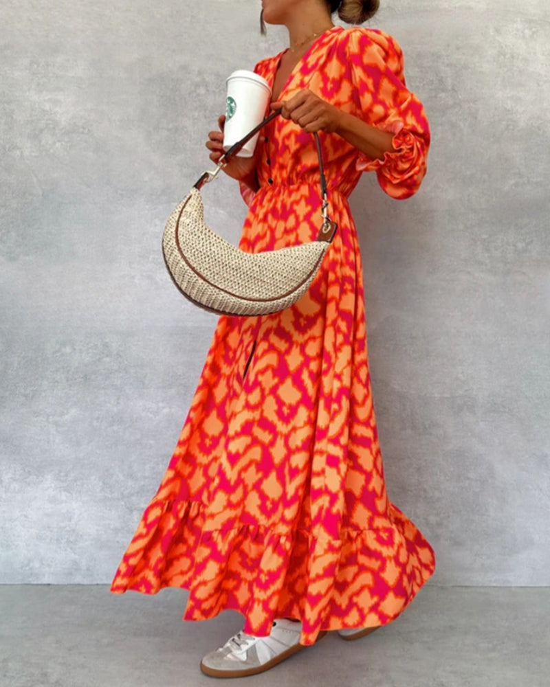 Robe élégante à manches bouffantes et fente boutonnée avec col imprimé