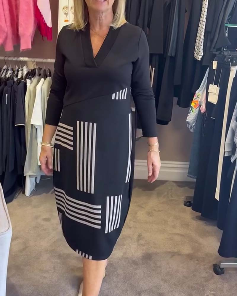 Robe Rayure Géométrique Col En V Bodycon Midi