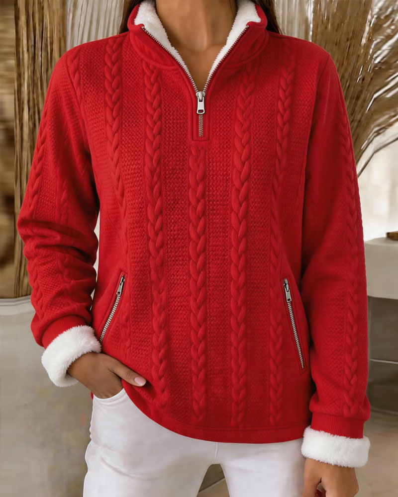 Sweatshirt Tricot Torsadé Doublé Polaire Demi Fermeture Éclair