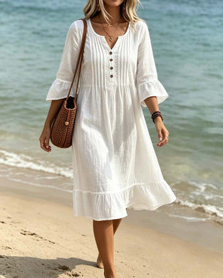 Robe Unie Col V Plissé Volanté