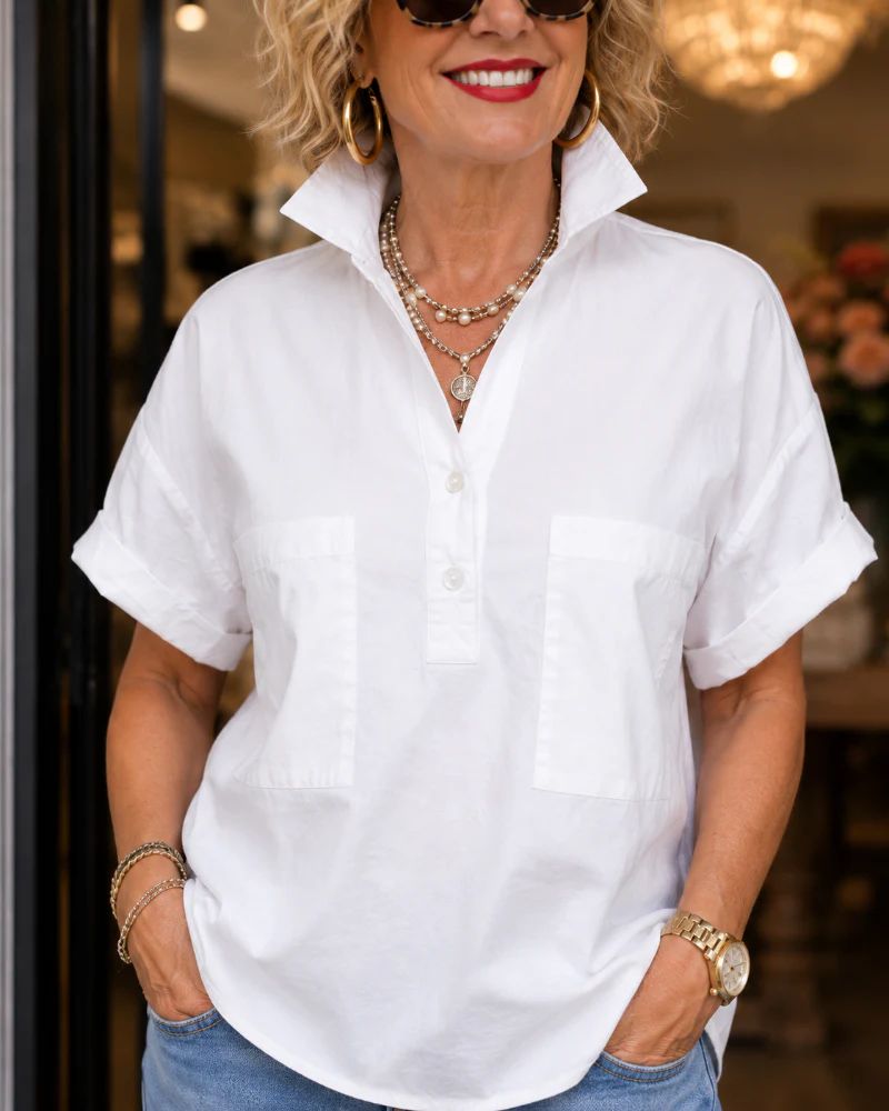 Blouse Poche Bouton Col En V Décontractée
