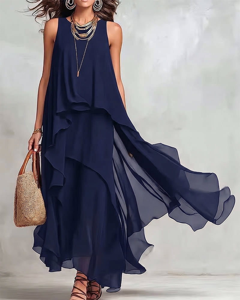 Robe Col Rond Sans Manches Irrégulière
