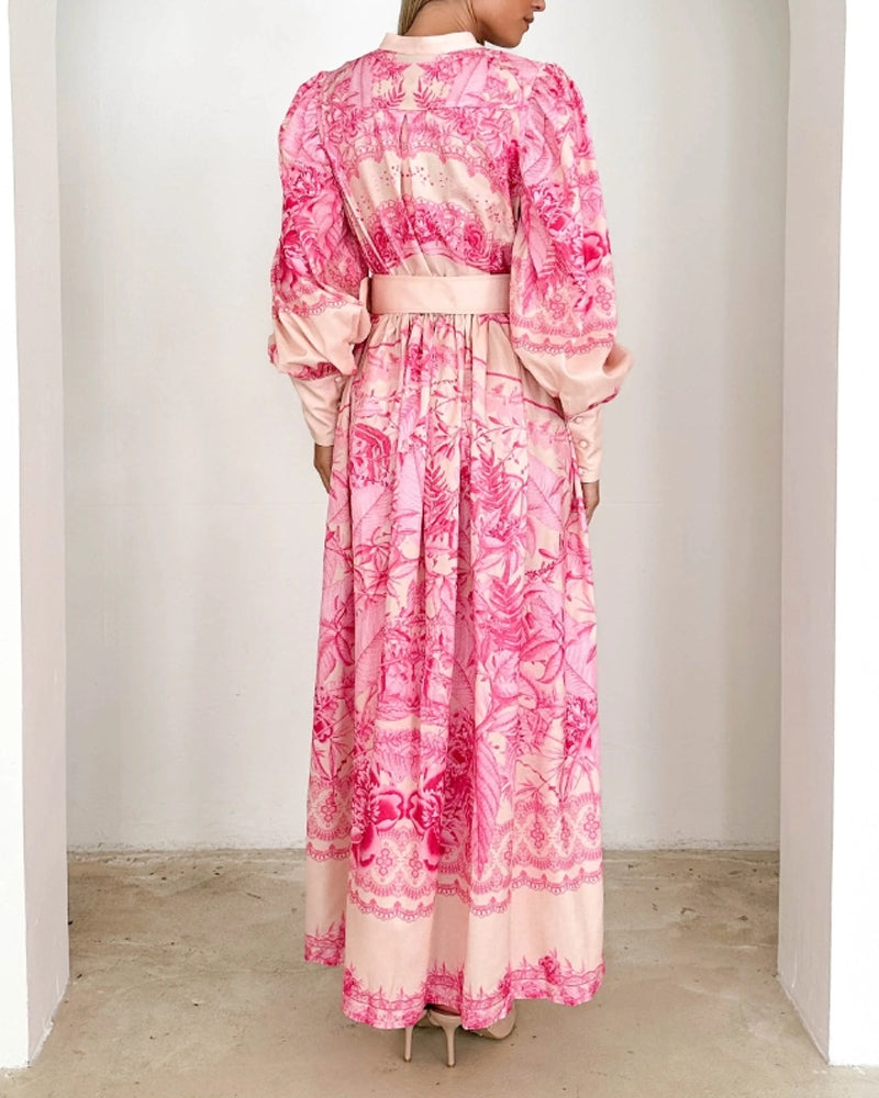 Robe imprimée boutonnée à manches lanternes