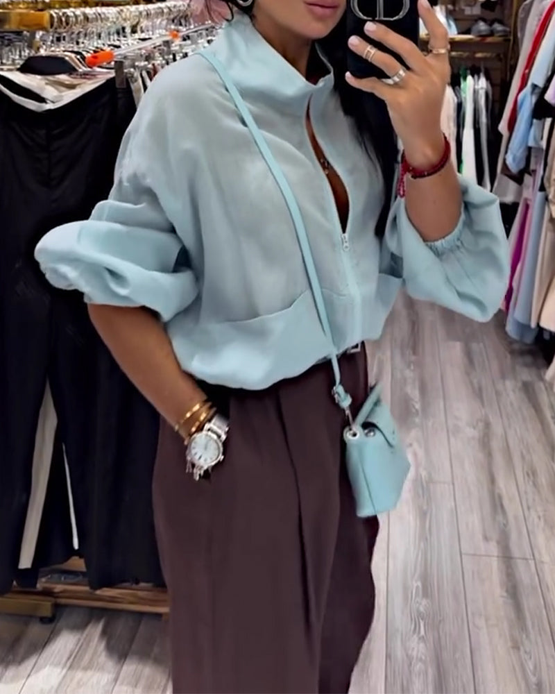 Manteau Unie Col Haut Fermeture Éclair