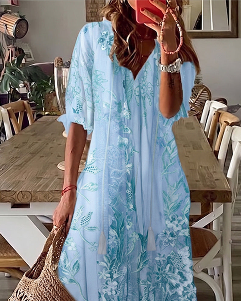 Robe Col En V Fleurie Volant Jupe Ample