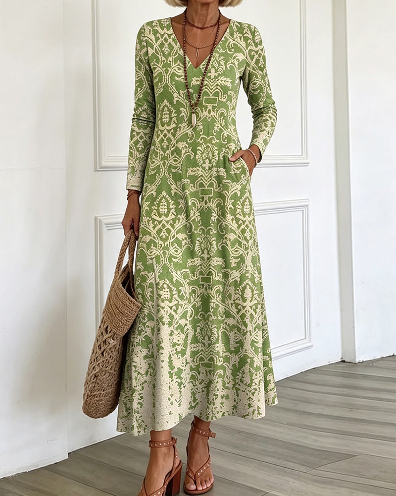 Robe Col En V Coupe A Manches Longues Maxi