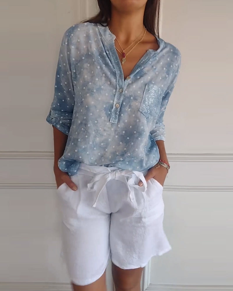 Blouse col V boutonnée imprimé étoiles