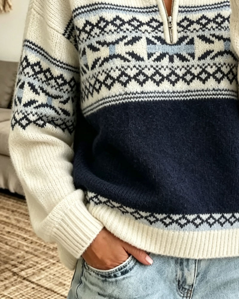 Pullover Revers Fermeture Éclair Motif Diamant Contraste
