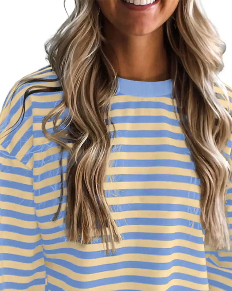 Blouse Col Rond Épaule Tombante Rayure Découpe