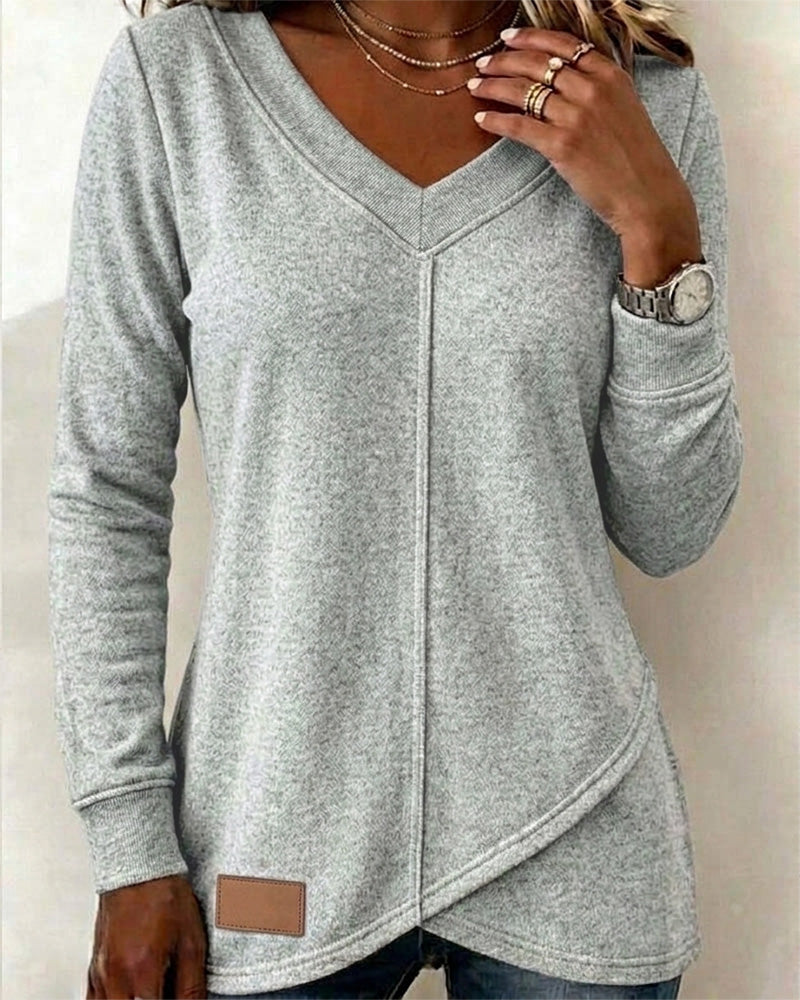 Sweatshirt Col-V Manche-Longue Croisé Asymétrique