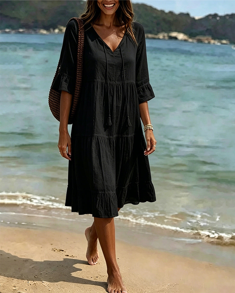 Robe Évasée Demi-Manche Nœud À La Taille