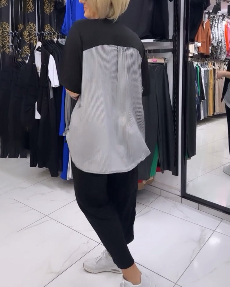 Blouse décontractée patchwork à fines rayures