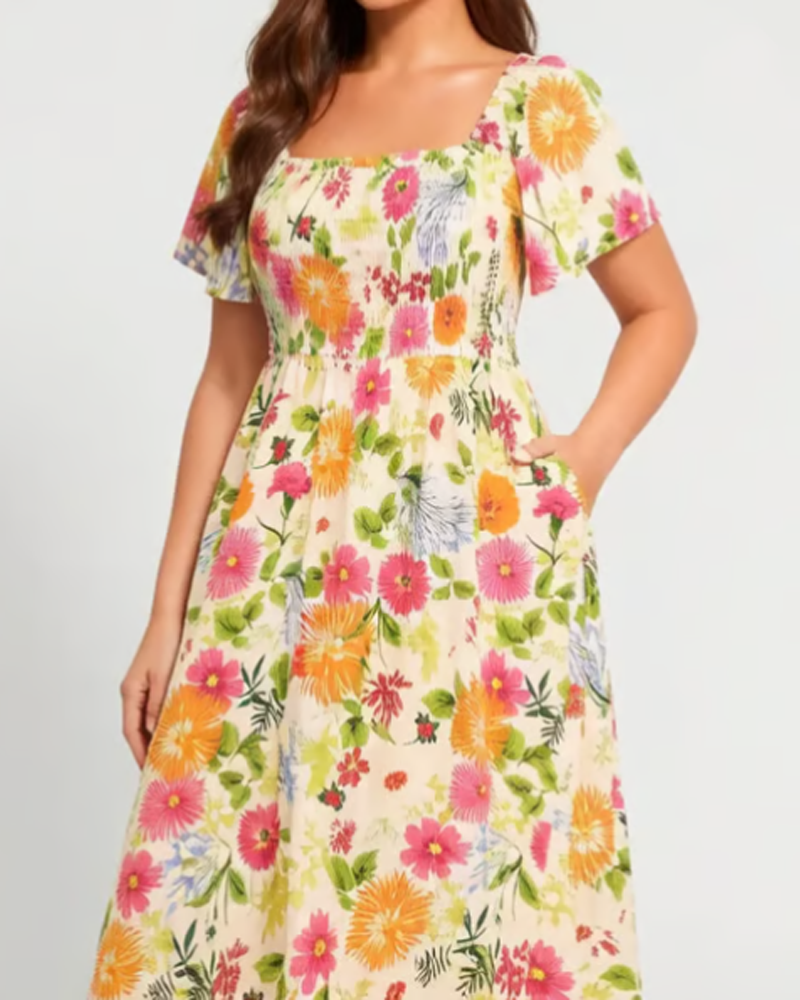 Robe Col Carré Grand Motif Floral Midi