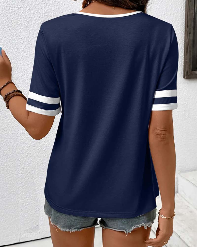 T-Shirt Petit Col V À Bloc De Couleur