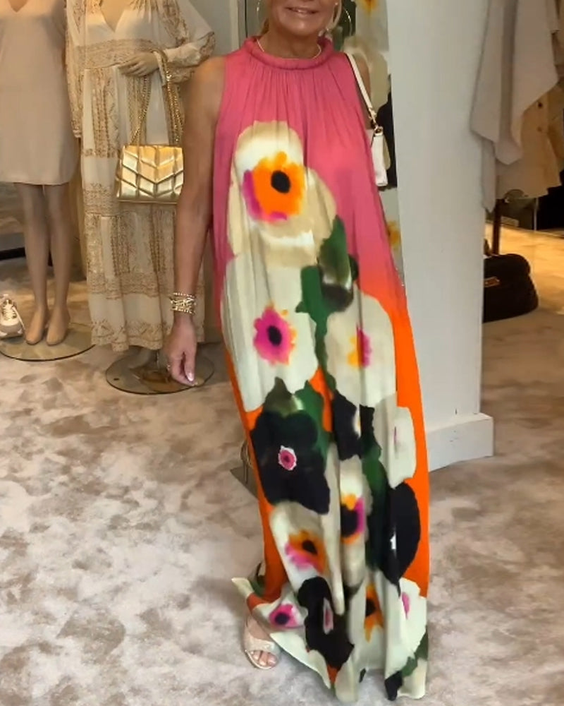 Robe longue décontractée sans manches à imprimé floral