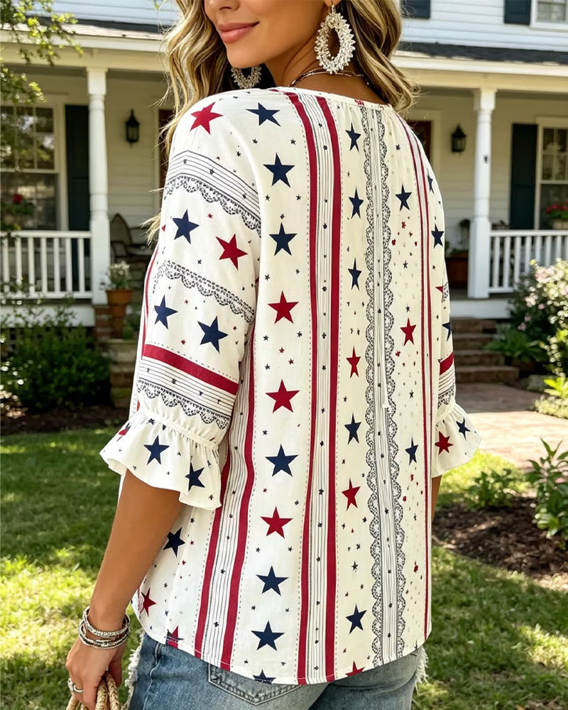Blouse Imprimée À Lacets Et Manches À Volants