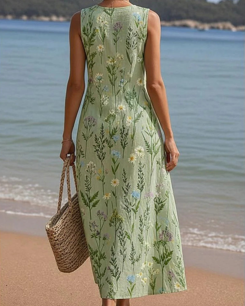 Robe Bouton Diagonal Sans Manches Col En V Fleurie