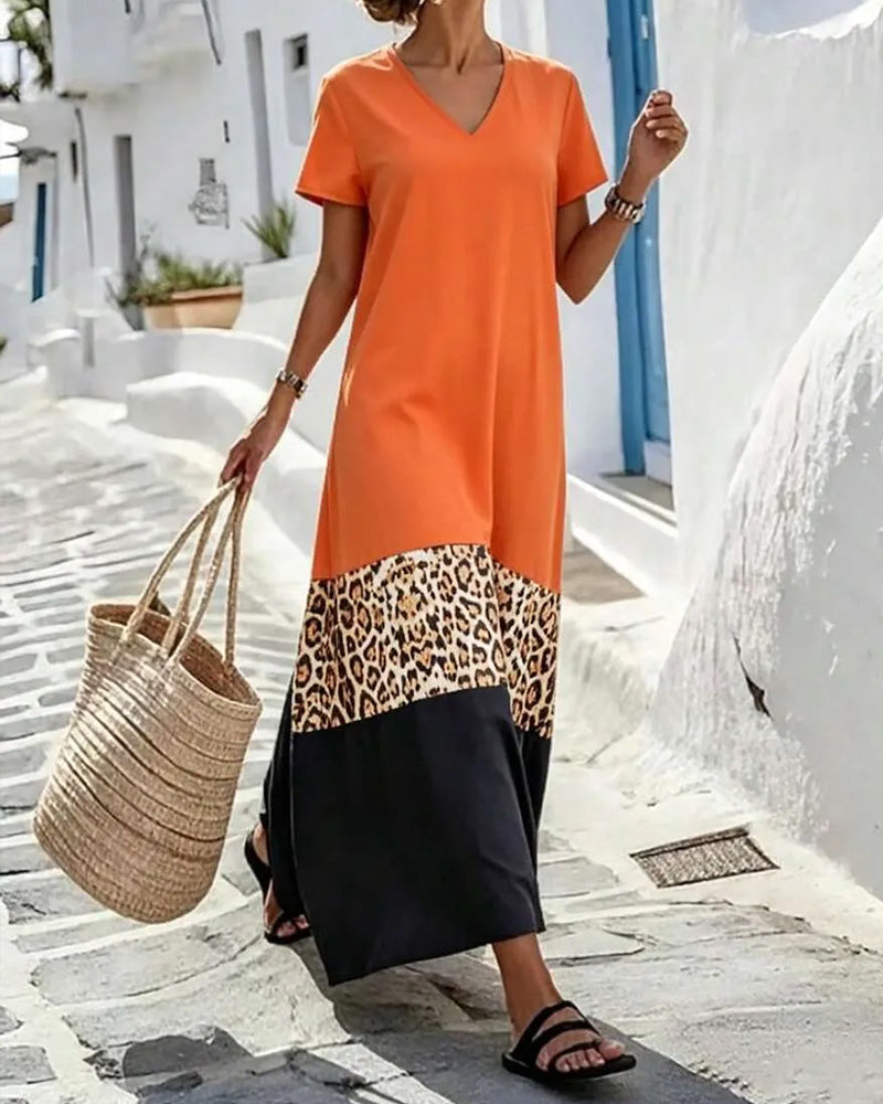 Robe Maxi Col En V Bloc De Couleur Patchwork Léopard