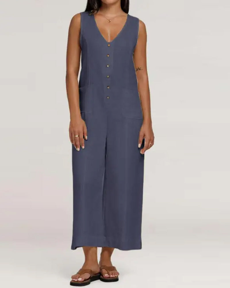 Combinaison Col En V Simple Boutonnage Sans Manches
