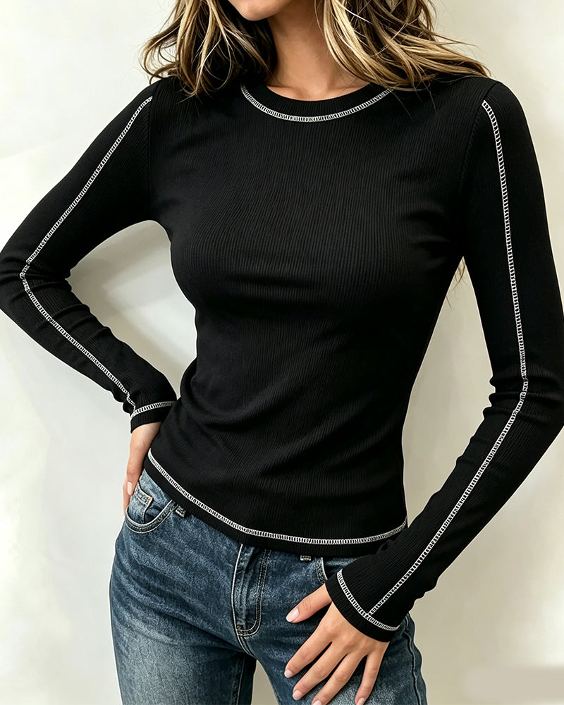 Haut Élégant Col Rond Slim Fit Manches Longues