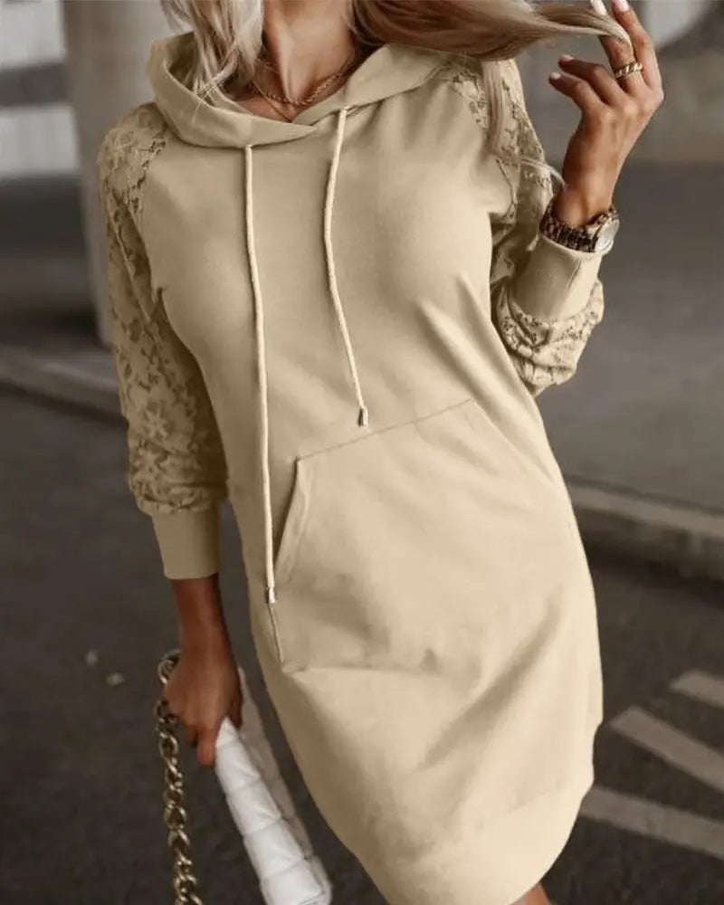 Robe À Capuche Dentelle Incrustation Décontractée