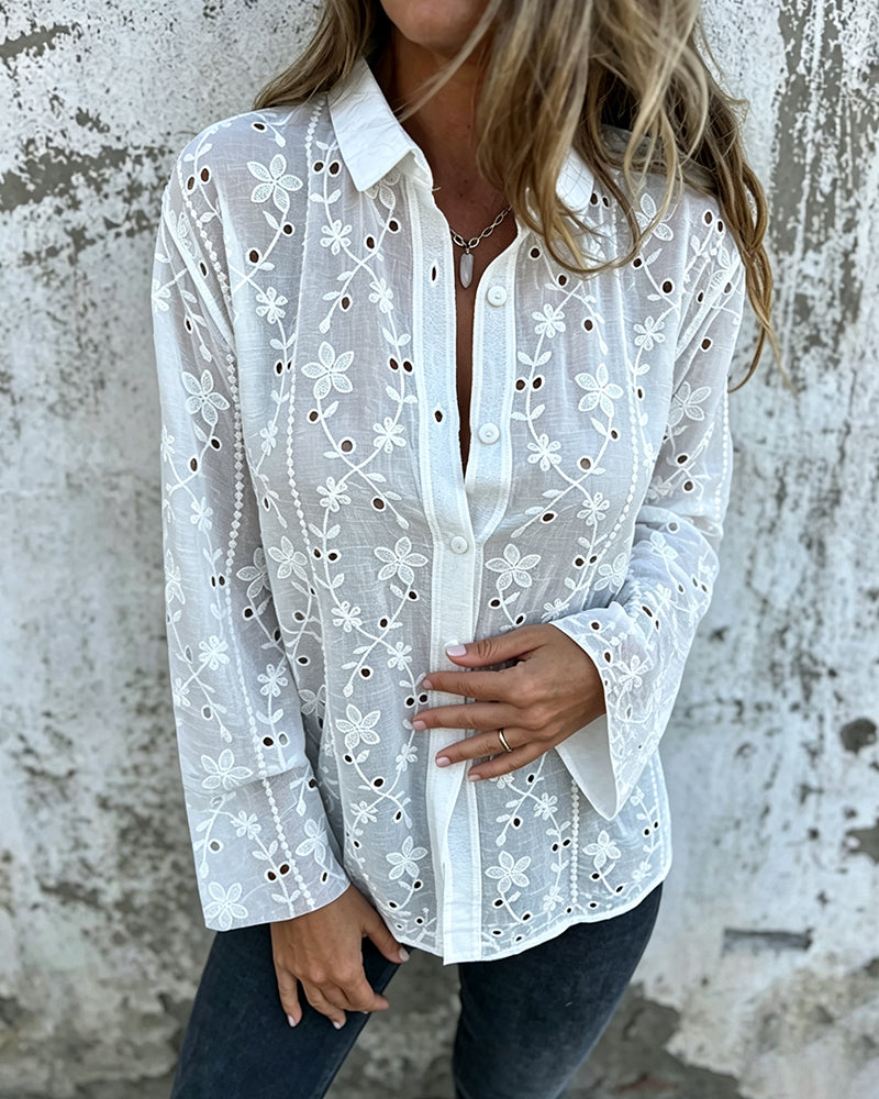 Blouse Florale À Découpe Évidée Manches Longues