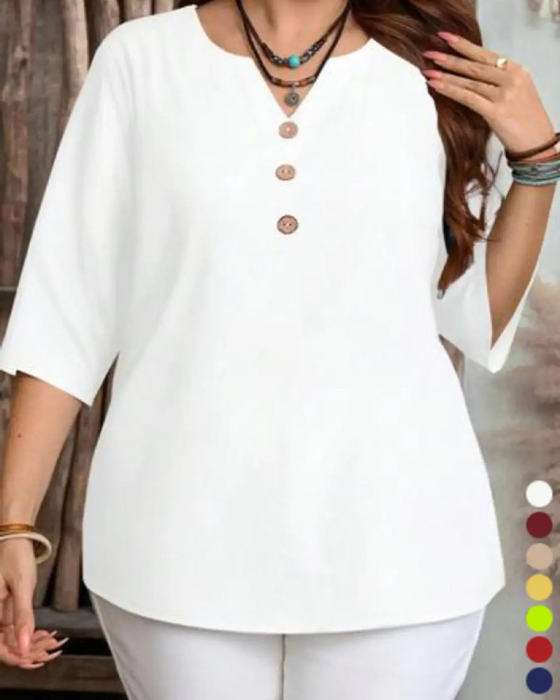 Blouse Col V Bouton Uni Manche Trois Quarts